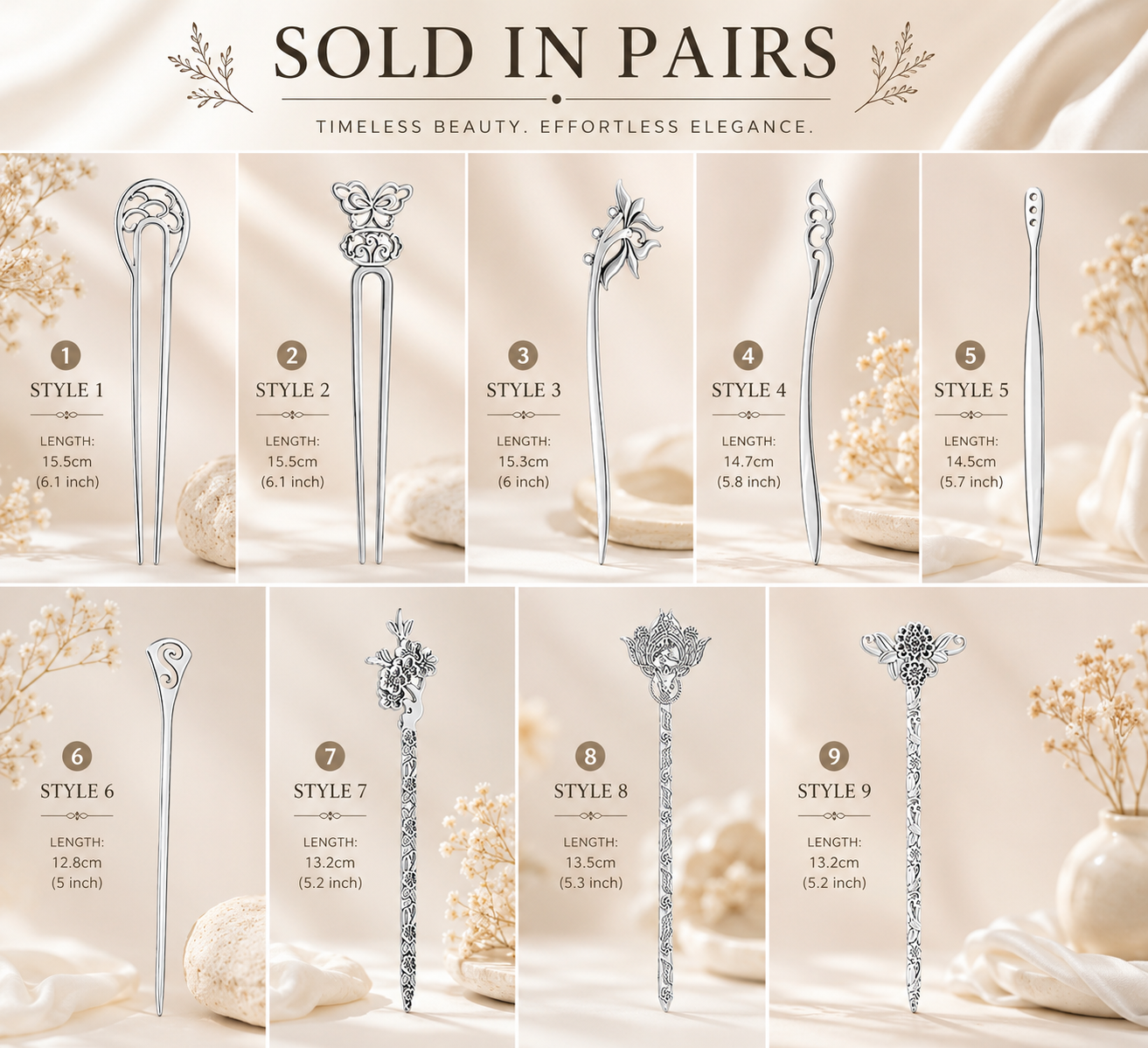 NEW! Silver Hair Sticks!  Sold In Pairs! 9 Styles!