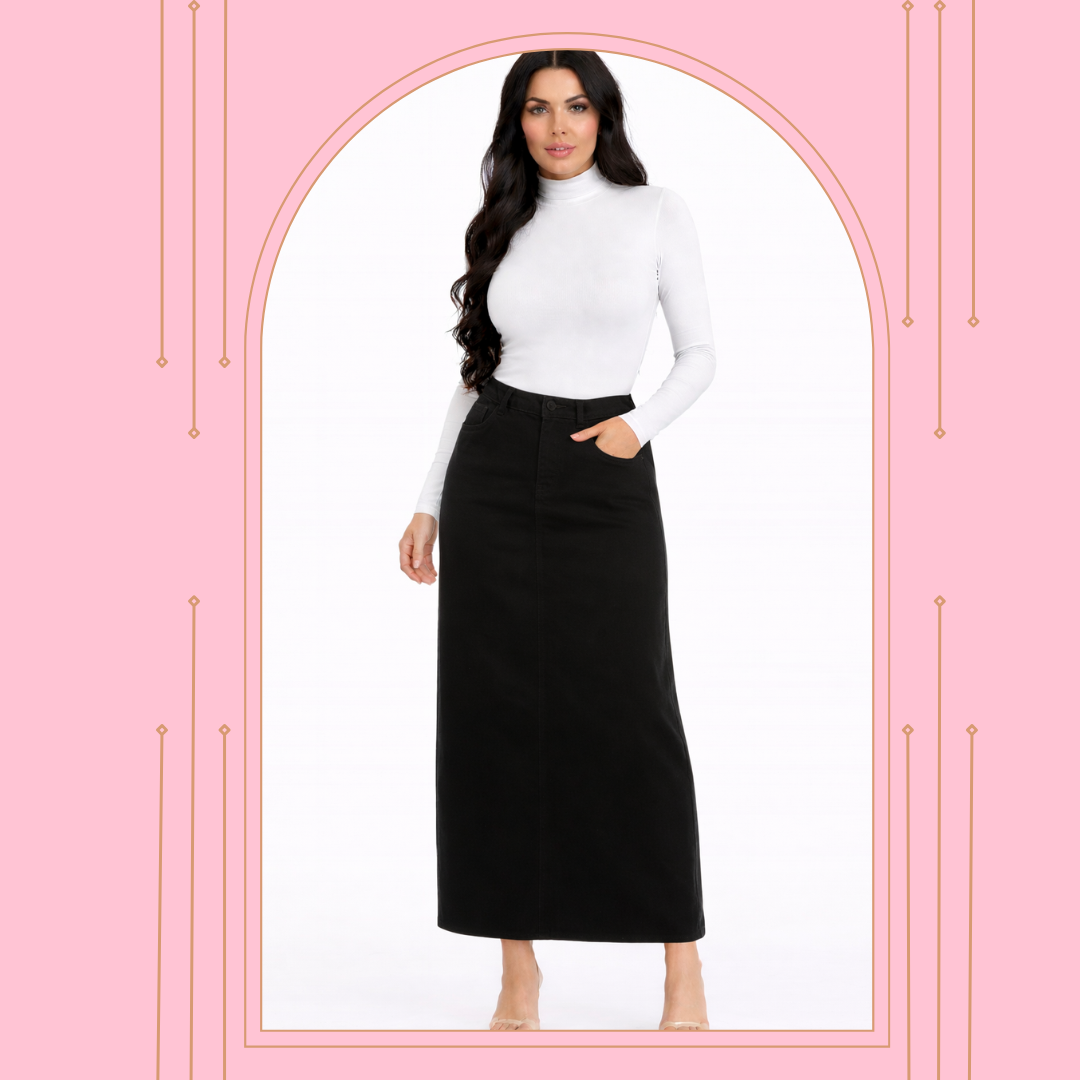 "Tabitha"  BLACK  Maxi Jean Skirt S-XL only  Elastic Waist)  Arriving in Stock: 12/29