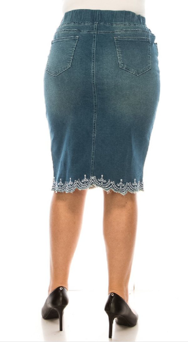 Embroidered Hem (ELASTIC WAIST)  Midi Jean Skirt: XS-S( Can Be Returned For Size Exchange Only!) (Copy)