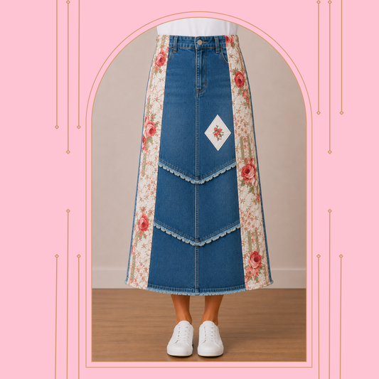 NEW! Vintage/Print Jean Skirt (Button/Zipper Front) Large