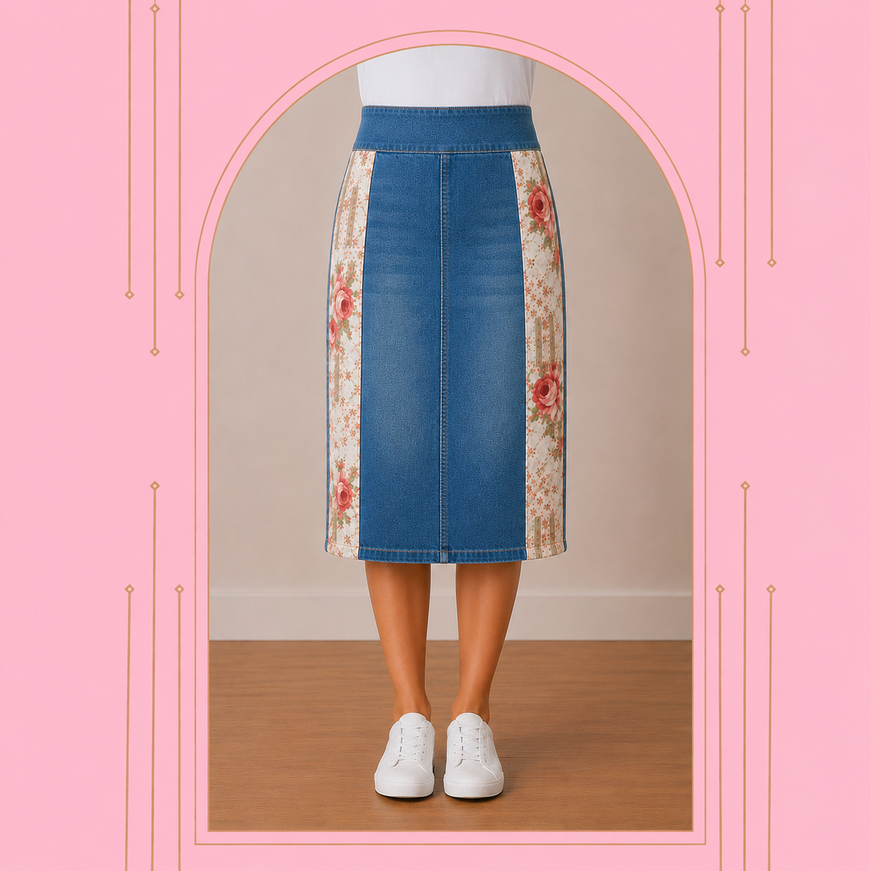 NEW! Vintage/Print Jean Skirt (Elastic Waist)