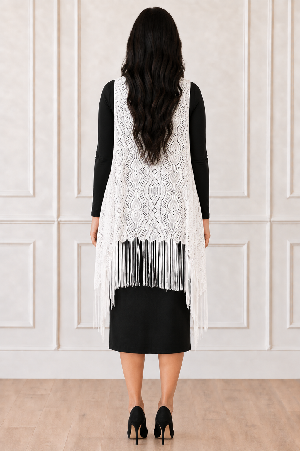 NEW!  White  Lace With Fringe (One Size Fits Most Up to 1X)