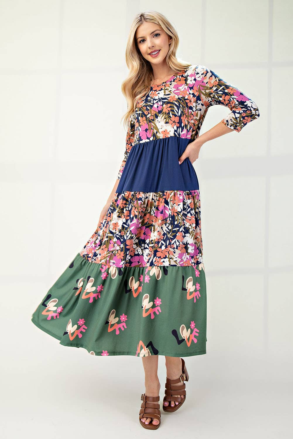 NEW! FLORAL MIX TIERED MIDI DRESS  Navy Floral S-3X  Arriving In Stock: 11/16