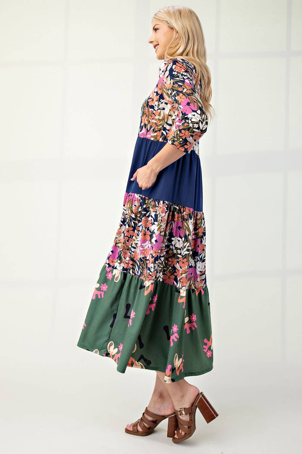 NEW! FLORAL MIX TIERED MIDI DRESS  Navy Floral S-3X  Arriving In Stock: 11/16