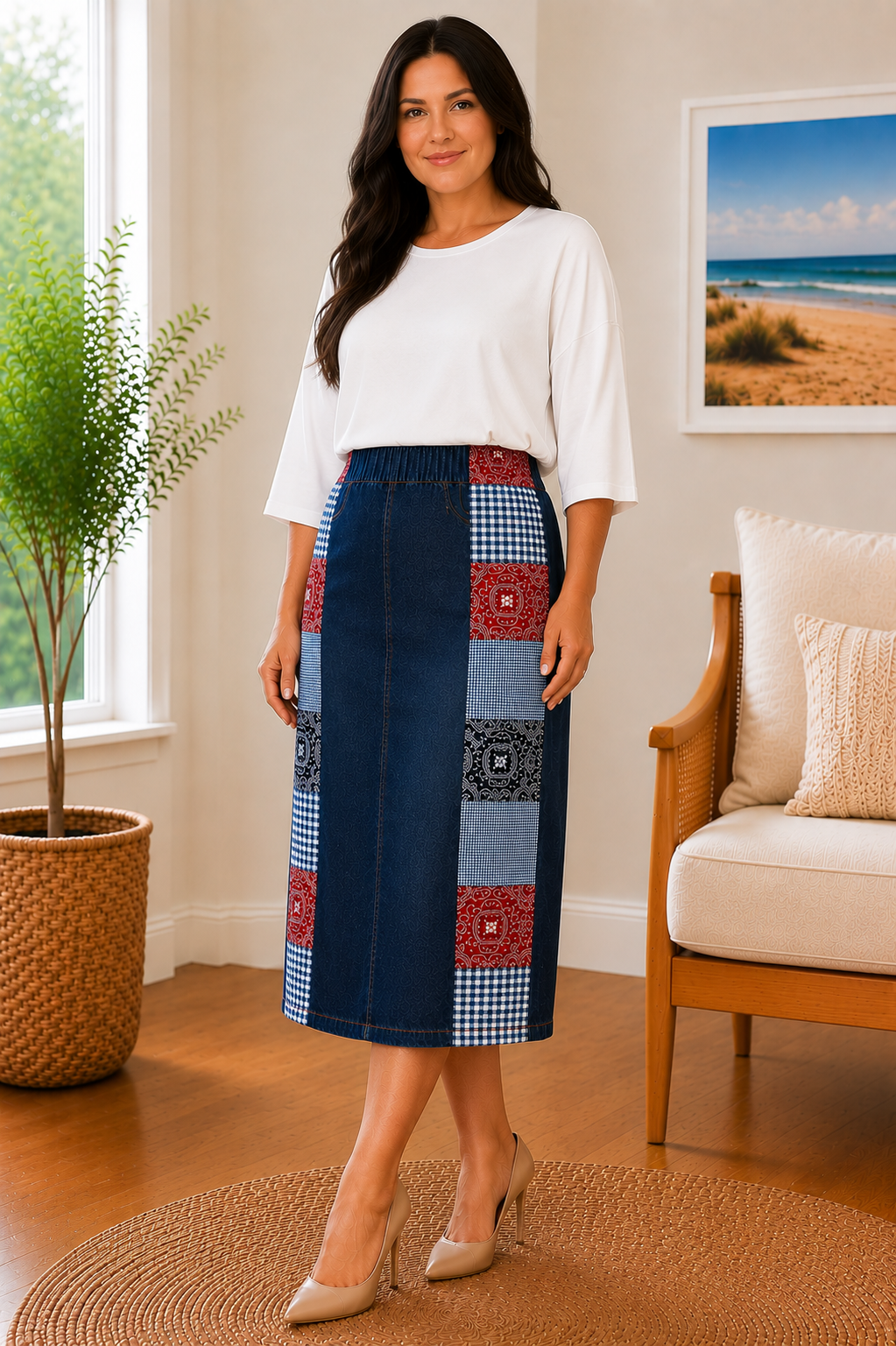 NEW! "Bandana" Patchwork Designer Elastic Waist Jean Skirt: S-5X