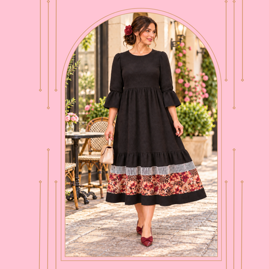 Pre-Order: NEW! "Rosa" Black/leopard Tiered Dress: S-3X  Arriving in Stock Mid to late Oct.