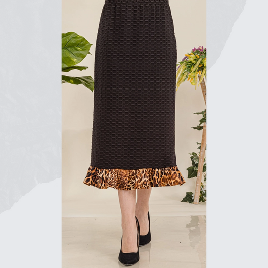 BLACK HONEYCOMB SKIRT WITH ANIMAL PRINT RUFFLE: S-3X. Best Selling!