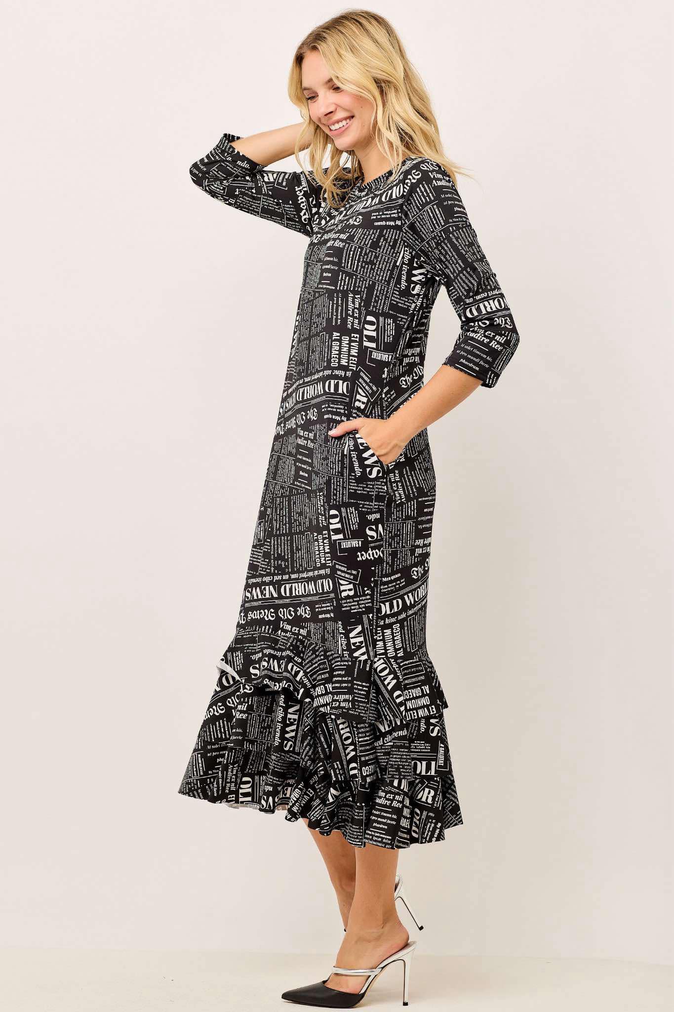 "Beverly" Black Newsprint Dress : S-M & 1X-3X  FINAL SALE! Cannot Be Returned!