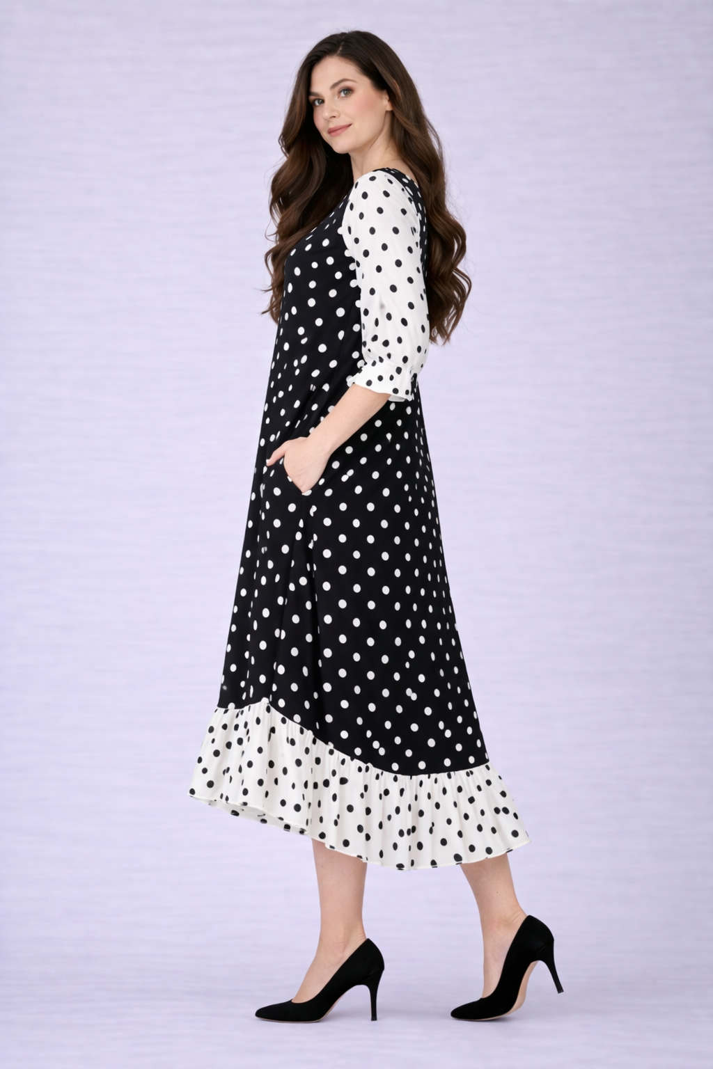 NEW!  "Priscilla" Black/White Polka Dot Ruffle Hem Dress: S-3X  Arriving in Stock: 4/16