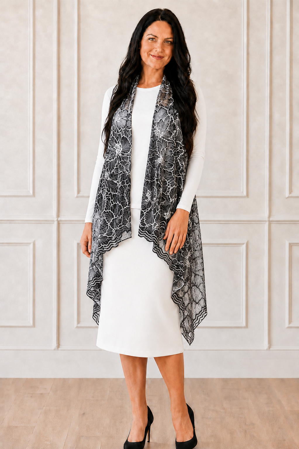 NEW-Black/White Lace Vest. (One Size: Fits Most Up To 1X)