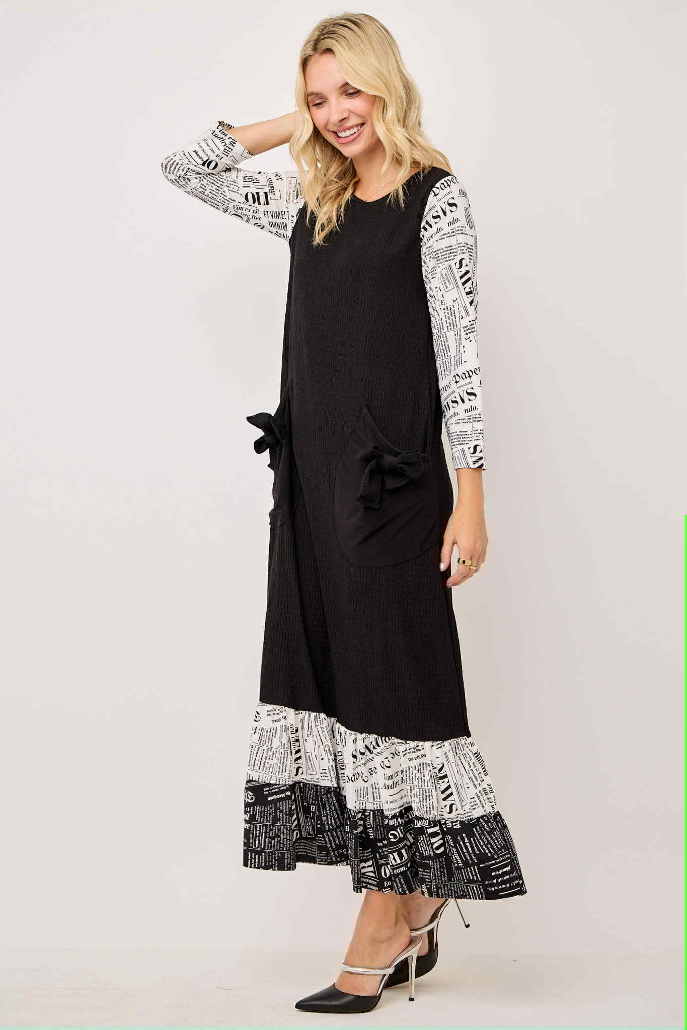 NEW! "Nora" Black/White Newsprint Ruffle Dress: S-3X