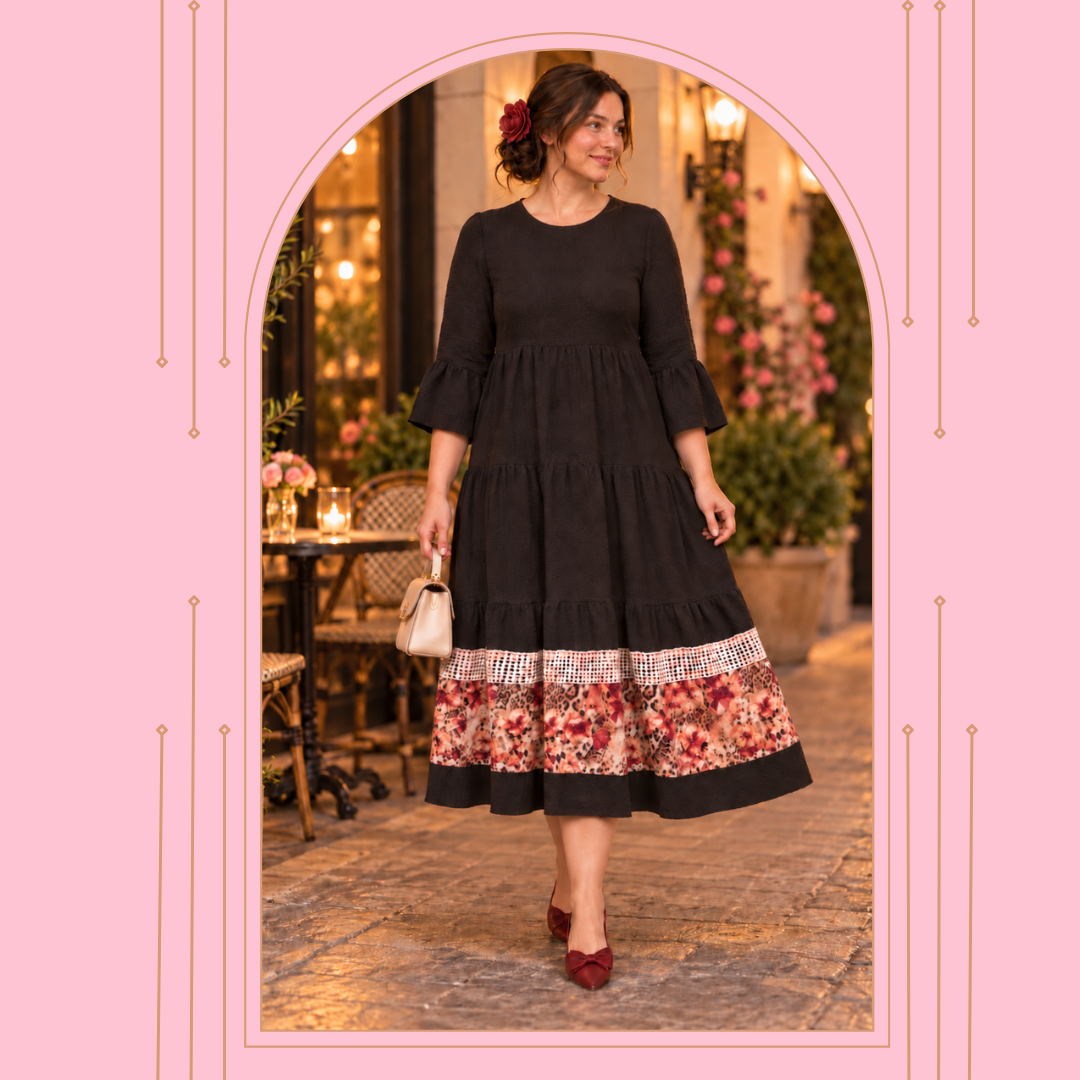 Pre-Order: NEW! "Rosalie" Black/leopard Tiered Dress: S-3X  Arriving in Stock Mid to late Oct.