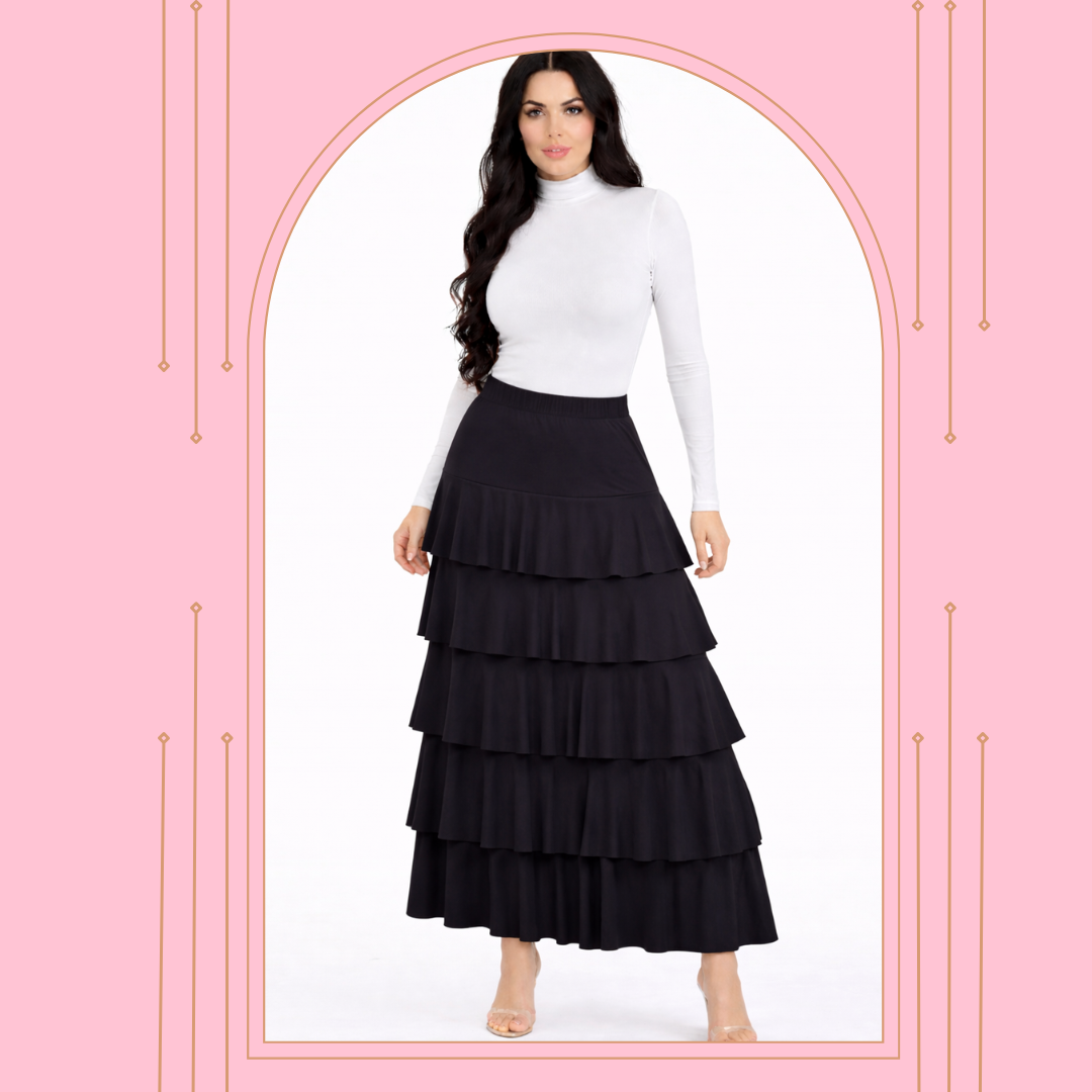 NEW! Black "Waterfall" Layered Skirt: L-3X