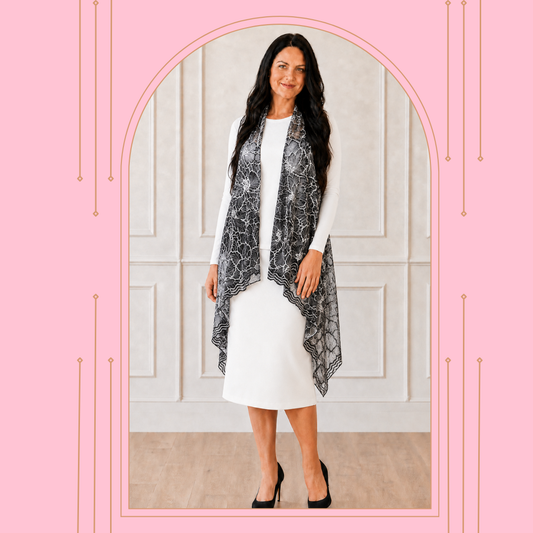 NEW-Black/White Lace Vest. (One Size: Fits Most Up To 1X)