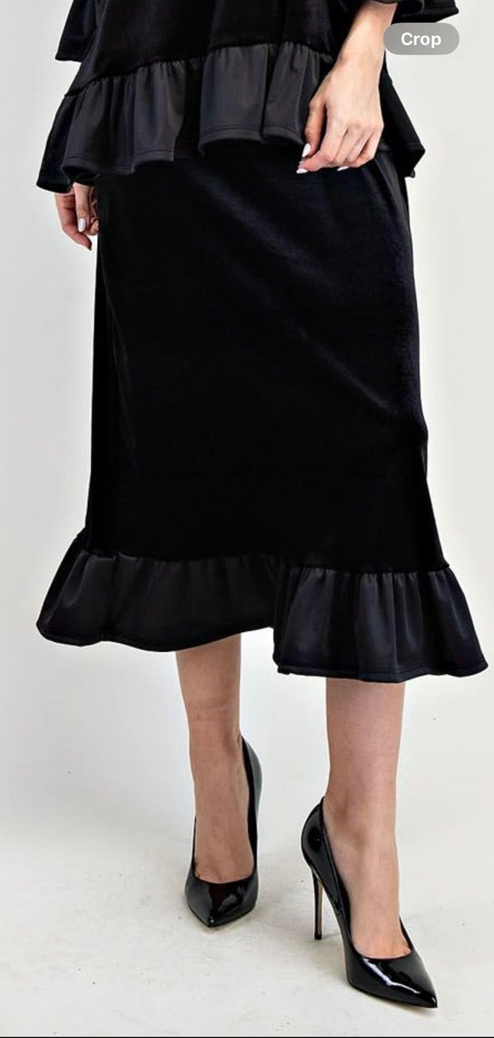 NEW! Black Velvet Ruffle Midi Skirt S-3X. Best Selling!