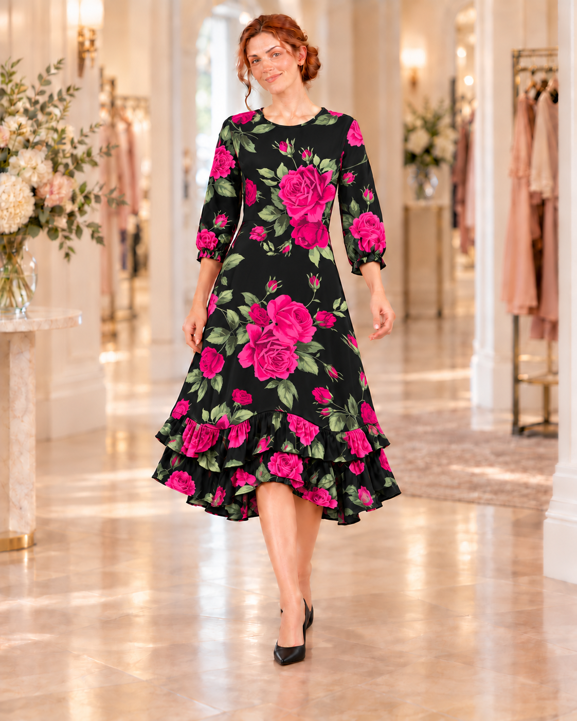 Pre-Order-New "Rosalyn" Black/Pink Roses Print Dress: S-3X (Arriving Late Oct)