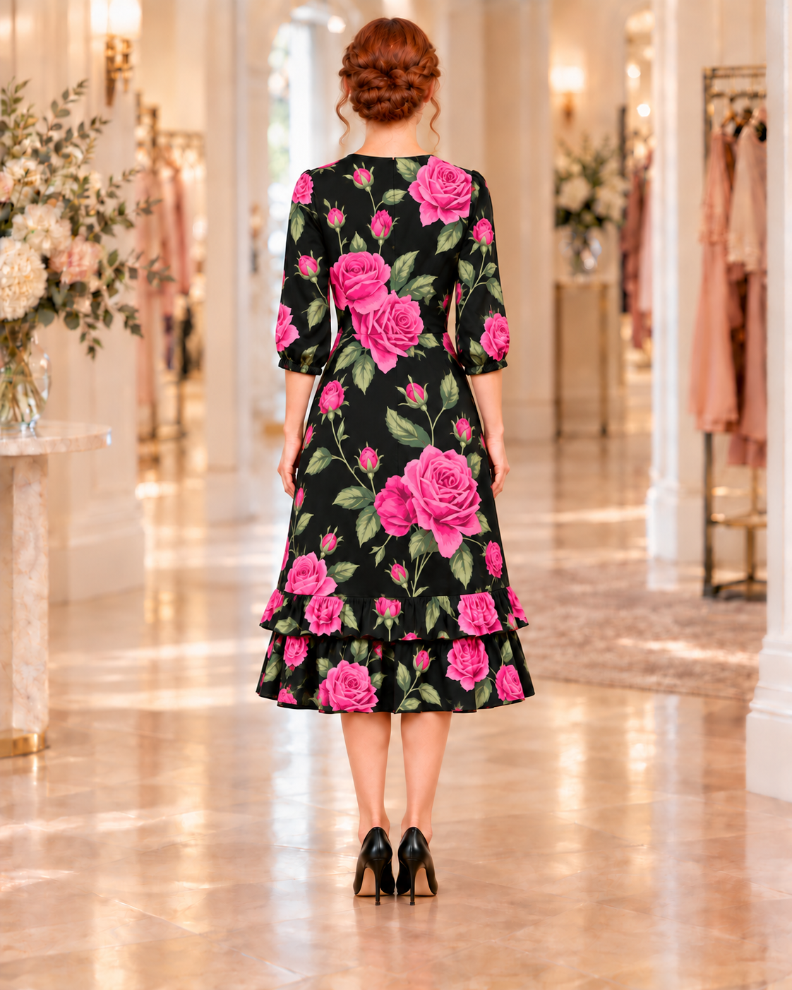 Pre-Order-New "Rosalyn" Black/Pink Roses Print Dress: S-3X (Arriving Late Oct)