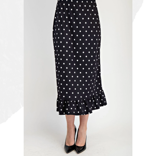 NEW! Black Polka Dot  Ruffle Midi Skirt S-3X  (Arriving in Stock: Late Oct)