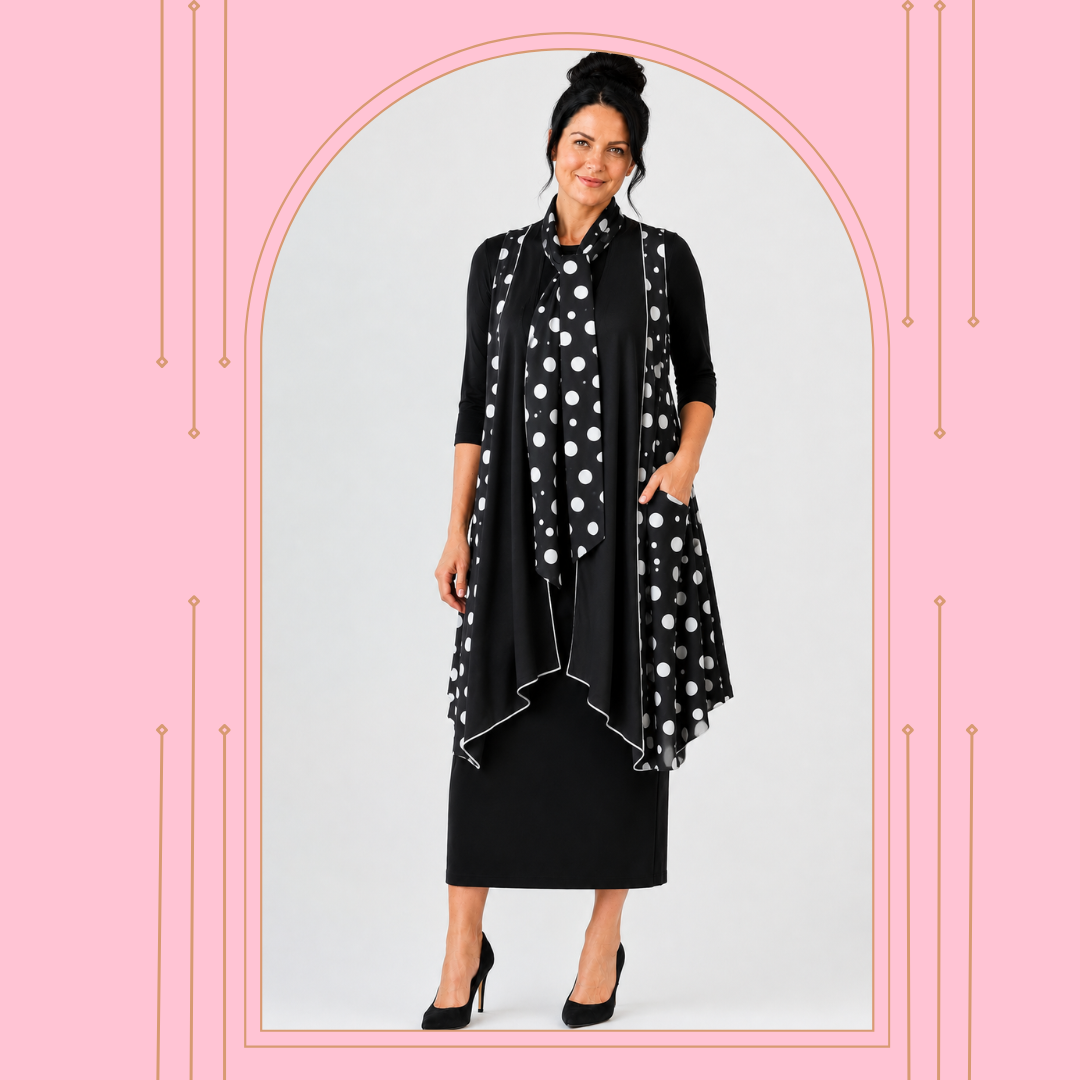 NEW! Polka Dot Tie-Neck Long Vest: S-3X  Arriving in Stock: 9/3
