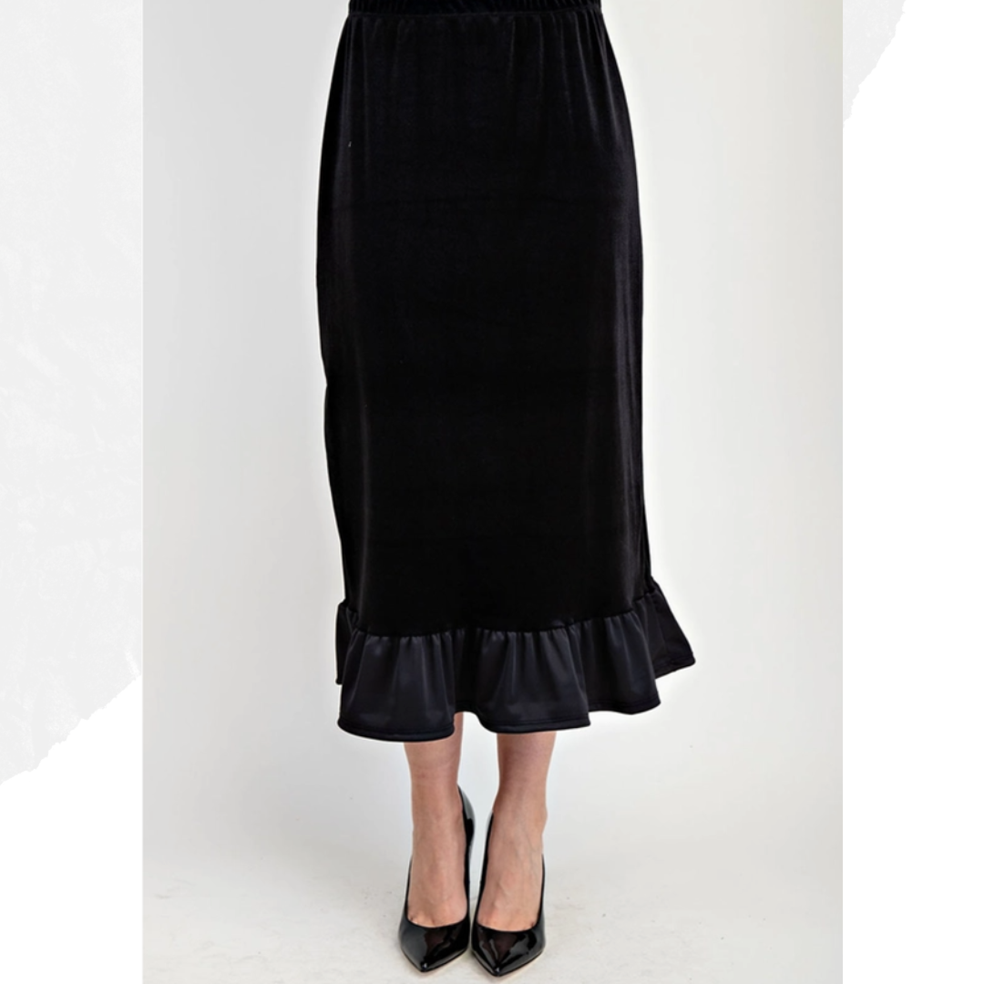 NEW! Black Velvet Ruffle Midi Skirt S-3X. Best Selling!