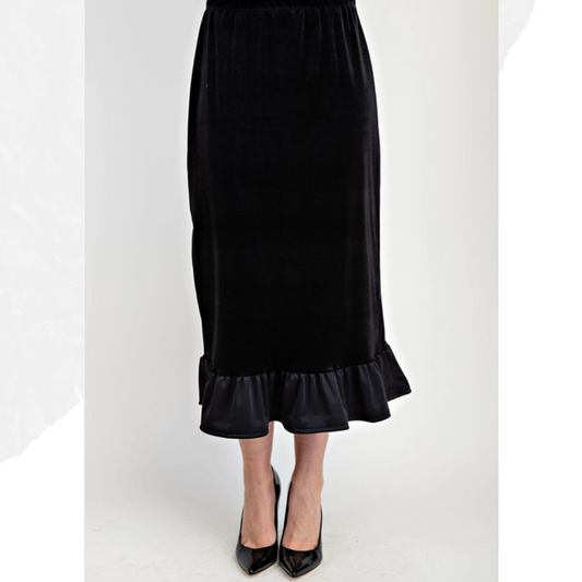 NEW! Black Velvet Ruffle Midi Skirt S-3X. Best Selling!