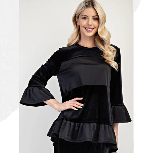 NEW! Black Velvet Ruffle Tiered Top: S-3X. Best Selling!