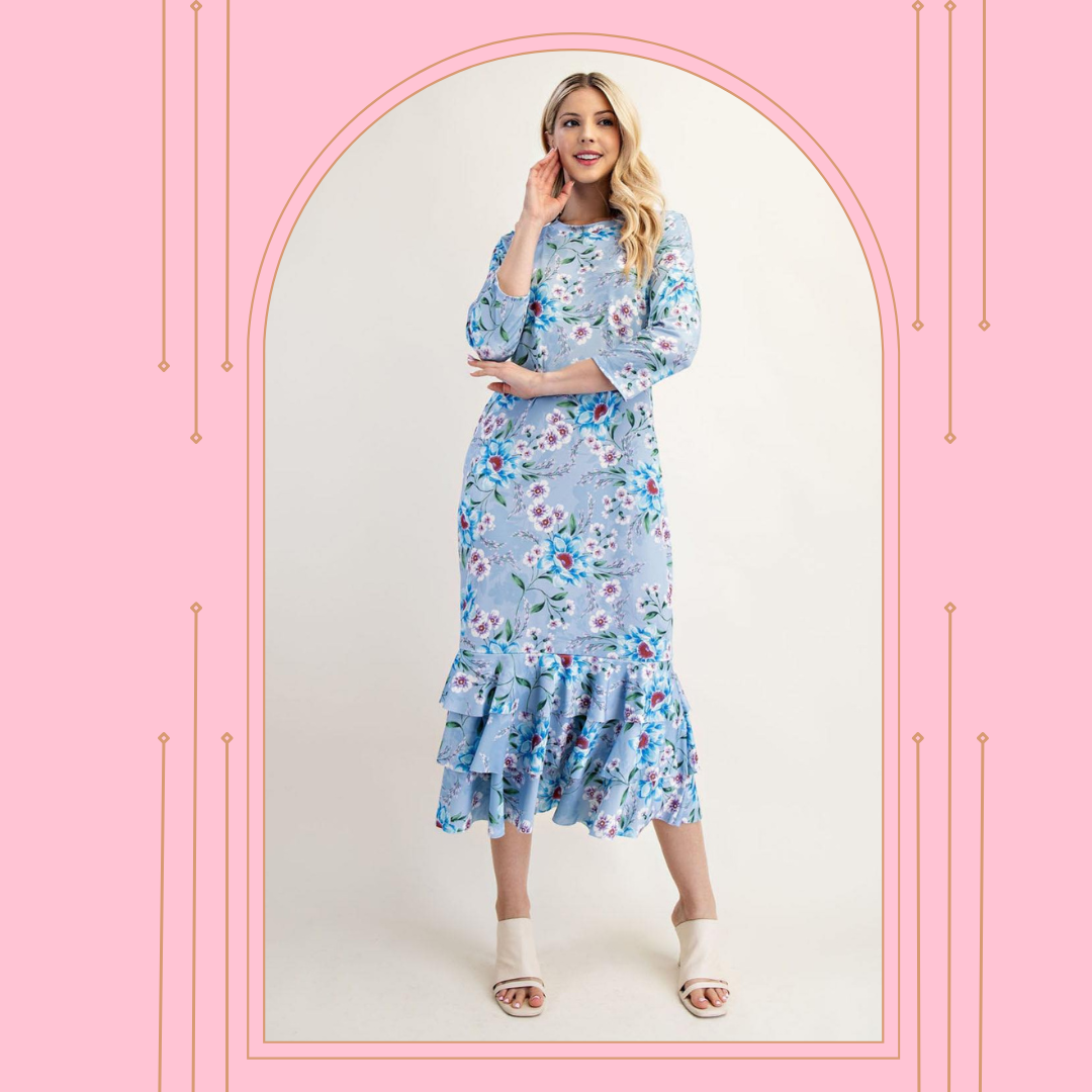 PRE-ORDER: NEW! BLUE PRINT RUFFLE TIERED MIDI DRESS S-3X  Arriving in Stock: 3/7