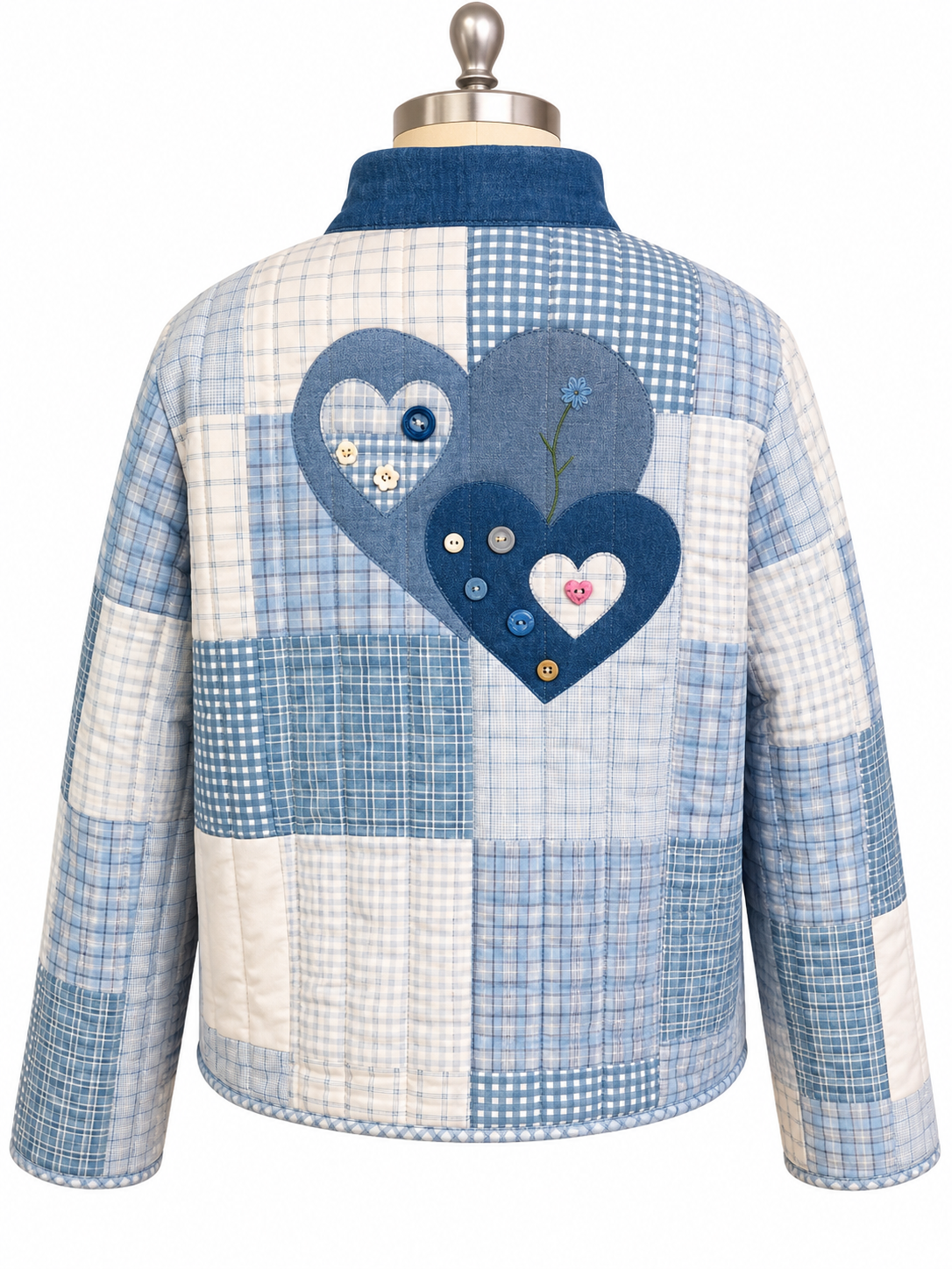 Blue "Hearts" Quilted Jacket: Size: 1X (One of a Kind "Wearable Art")