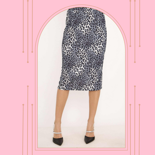 NEW! Grayish/Blue.  Leopard Print Skirt: S-3X  Arriving In Stock: 9/28
