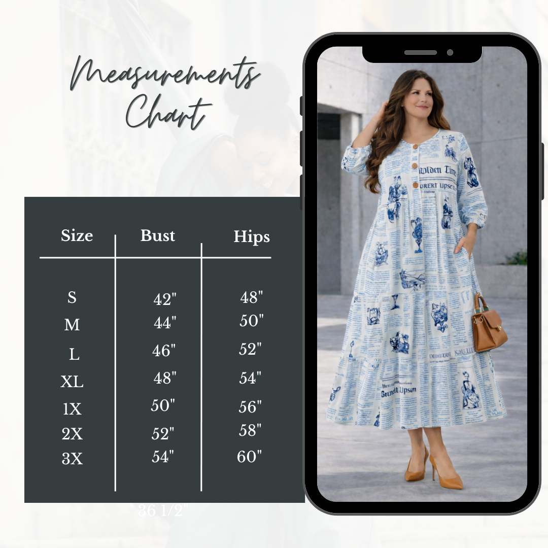 “Nancy"  Denim Blue/Teal Newsprint Dress! Medium - Final SALE! Cannot Be Returned!