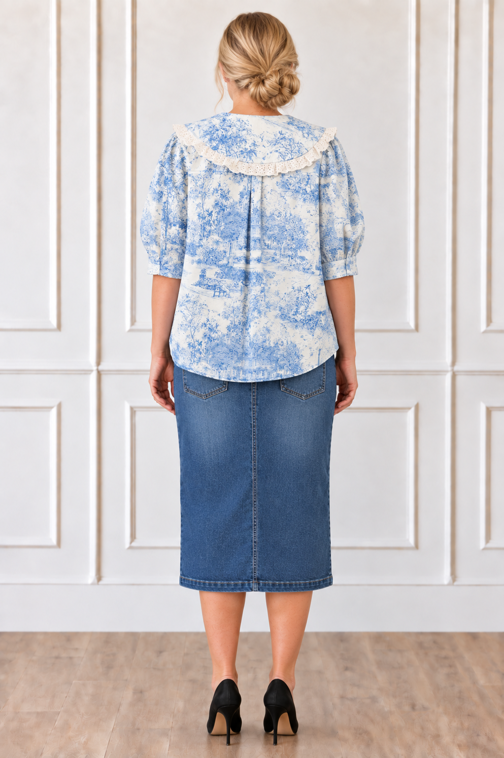 NEW! Blue "Toile" Vintage Print Cotton Blouse:  S-L  Arriving in Stock: 9/15