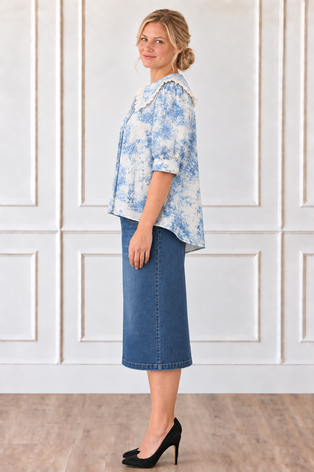 NEW! Blue "Toile" Vintage Print Cotton Blouse:  S-L  Arriving in Stock: 9/15