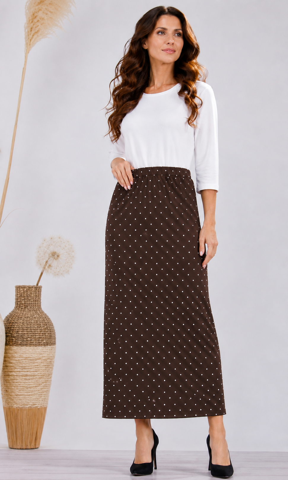 Pre-Order:  Brown Polka Dot  Maxi Skirt: S-3X  Arriving In Stock: Late July