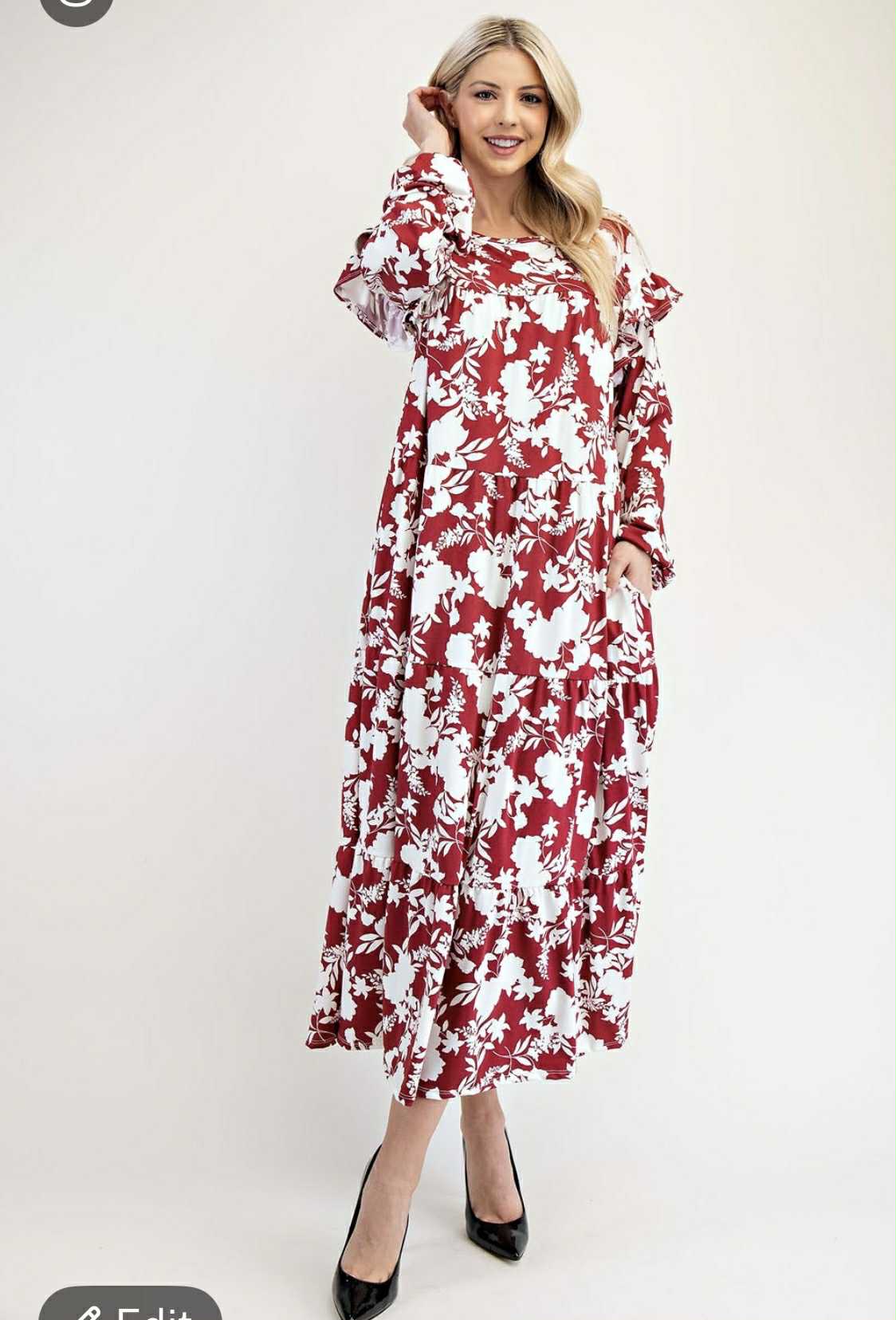 NEW!  "Serena" Burgundy Floral Dress: S-3X  Arriving in Stock: 11/20