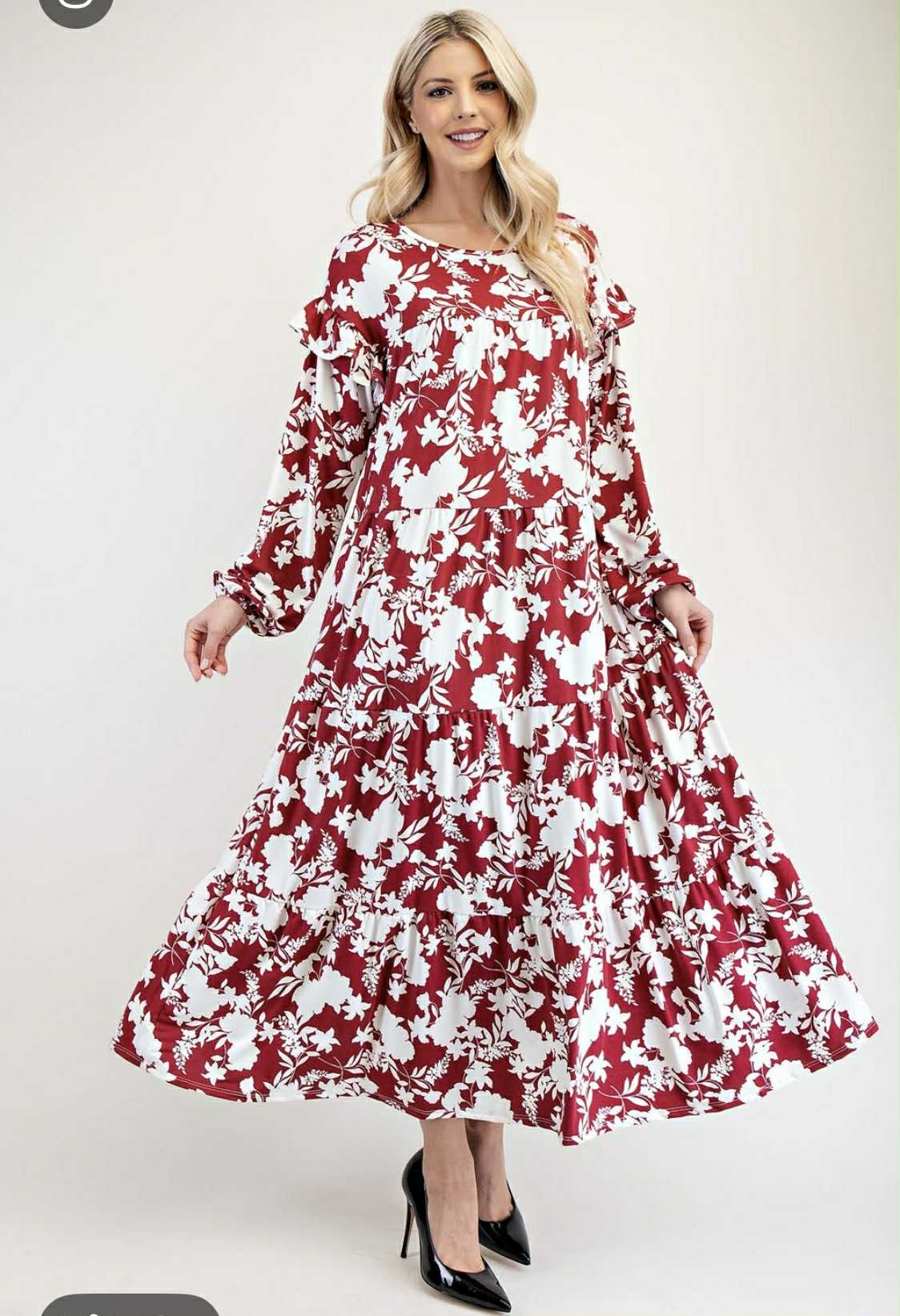 NEW!  "Serena" Burgundy Floral Dress: S-3X  Arriving in Stock: 11/20