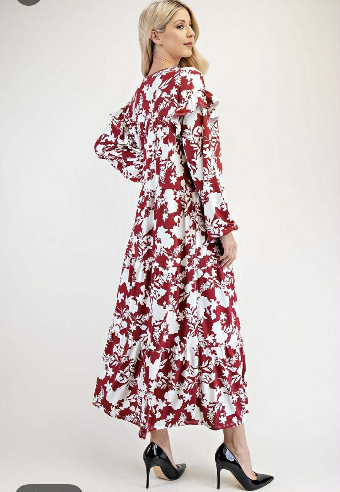 NEW!  "Serena" Burgundy Floral Dress: S-3X  Arriving in Stock: 11/20
