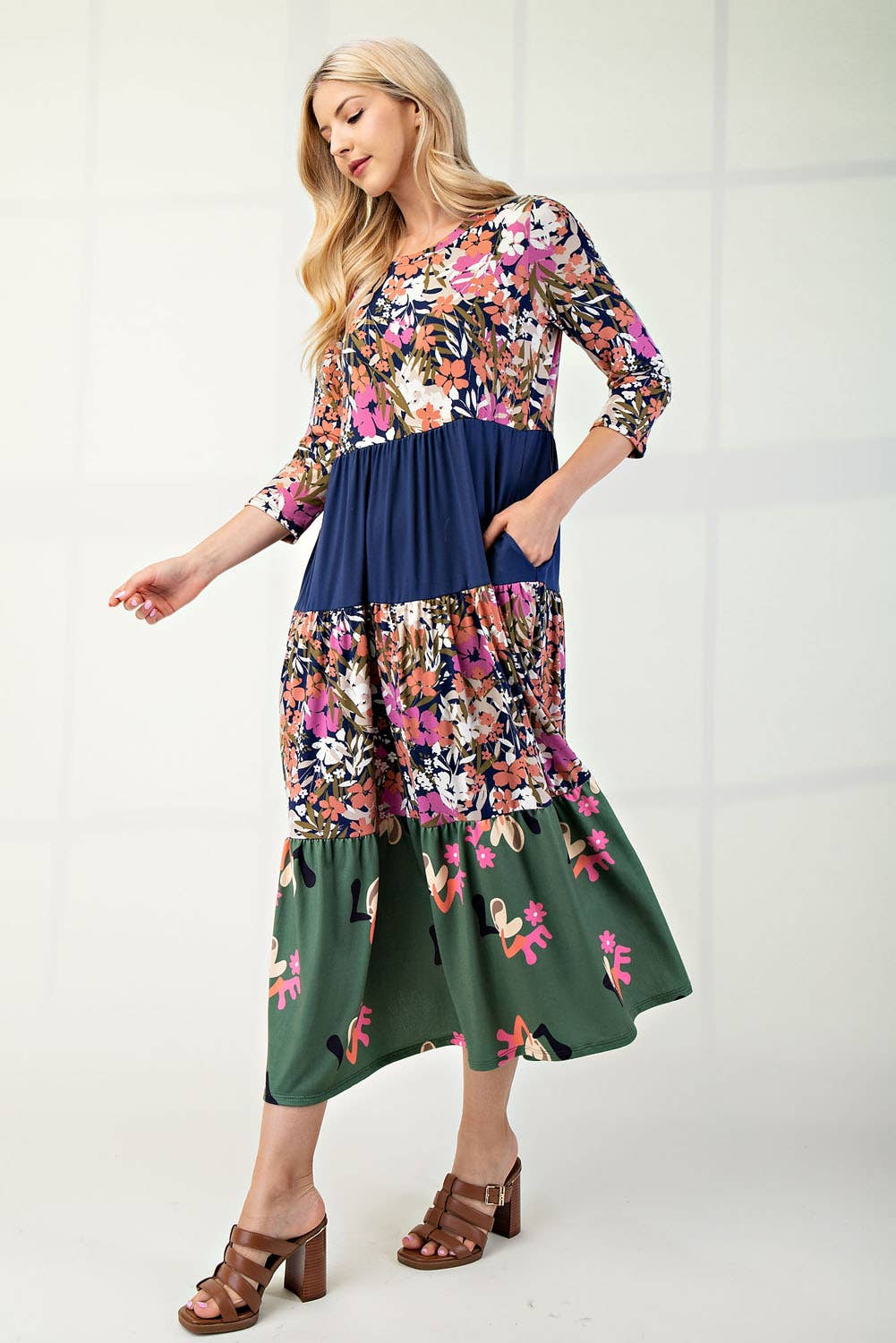 NEW! FLORAL MIX TIERED MIDI DRESS  Navy Floral S-3X  Arriving In Stock: 11/16