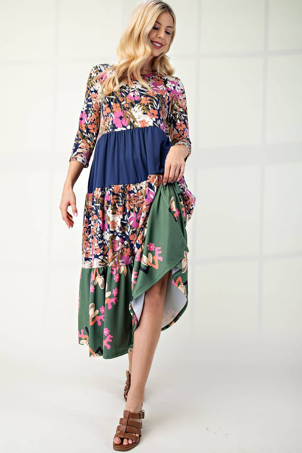 NEW! FLORAL MIX TIERED MIDI DRESS  Navy Floral S-3X  Arriving In Stock: 11/16