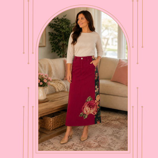 NEW! Cabernet/Floral "Boutique" Maxi Jean Skirt: S-5X