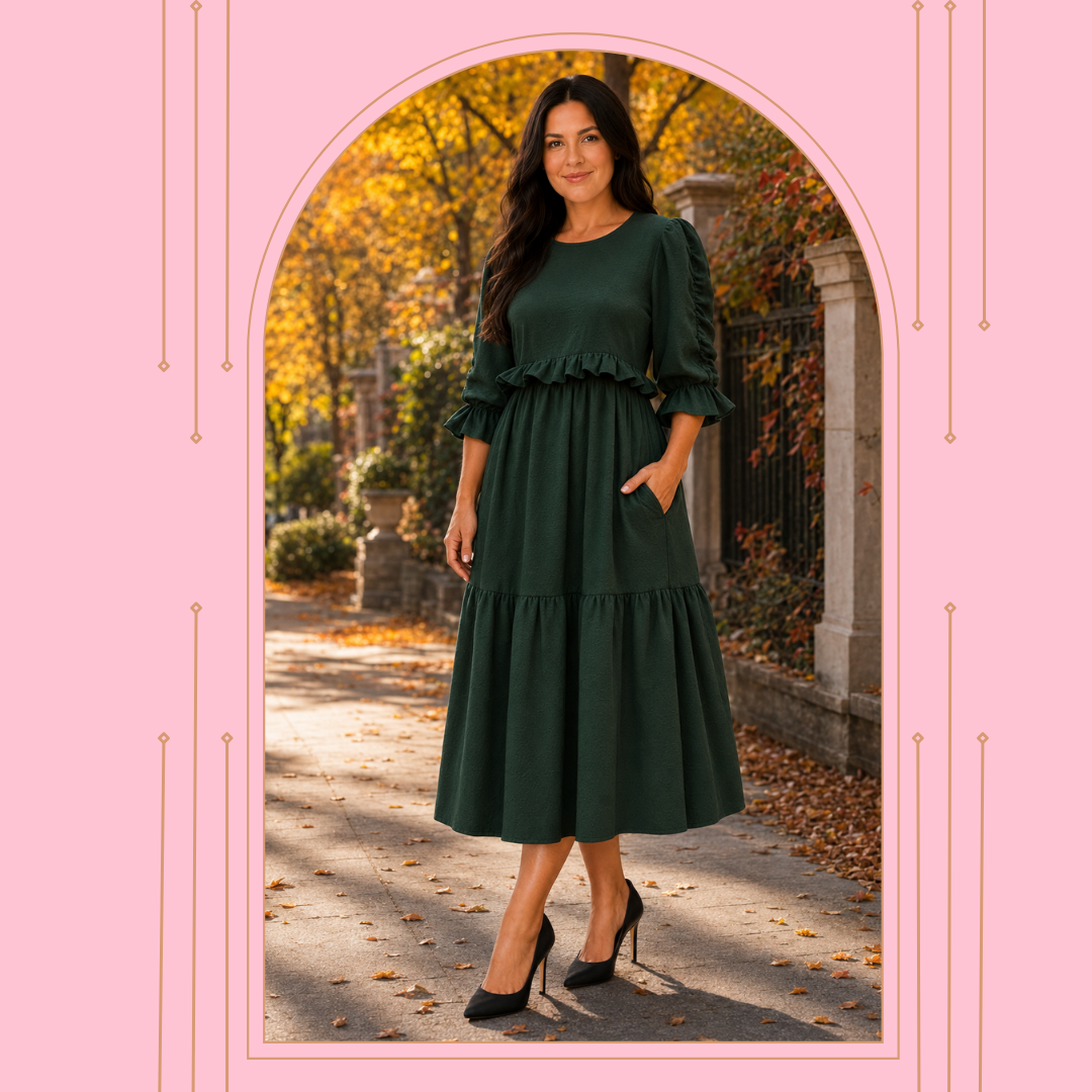 Pre-Order: "Holly"  Forrest Green (Textured) Dress: S-3X  (Arriving September)