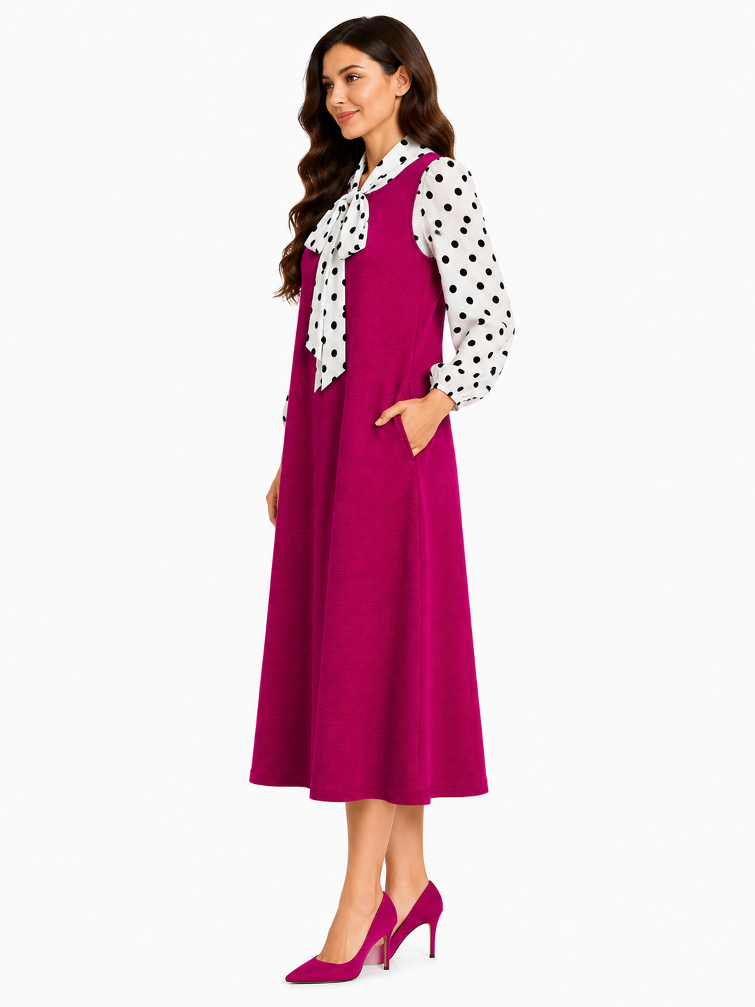 Pre-Order-NEW! "Heather" Fuchsia/White Polka Bow Dress: S-3X (Arriving in Stock Mid-Late July)