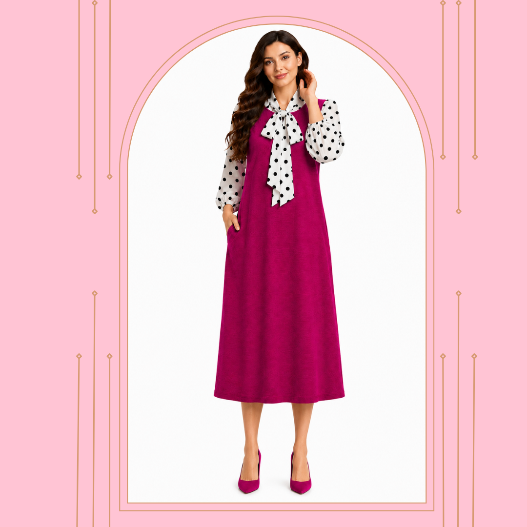 Pre-Order-NEW! "Heather" Fuchsia/White Polka Bow Dress: S-3X (Arriving in Stock Mid-Late July)