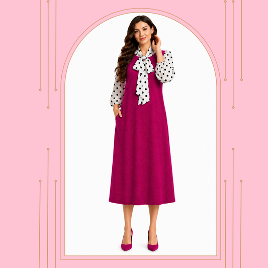 Pre-Order-NEW! "Heather" Fuchsia/White Polka Bow Dress: S-3X (Arriving in Stock Mid-Late July)
