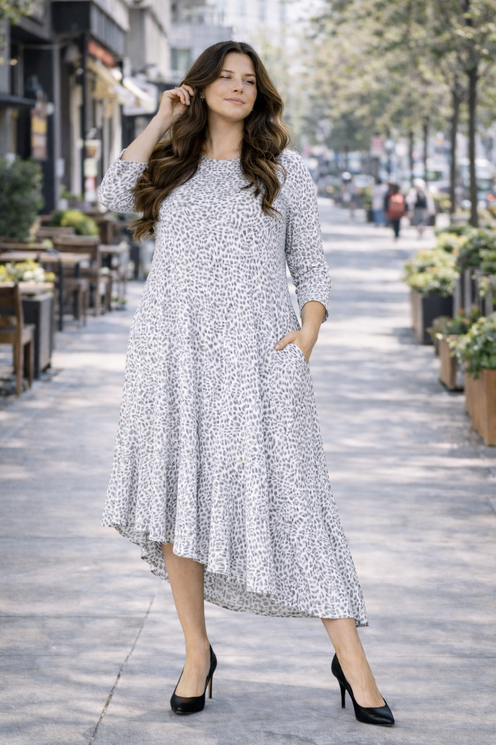 "Gracie" T-Shirt, Gray Leopard Plus  "T-shirt) Dress: 1X-2X FINAL SALE! Cannot Be Returned!