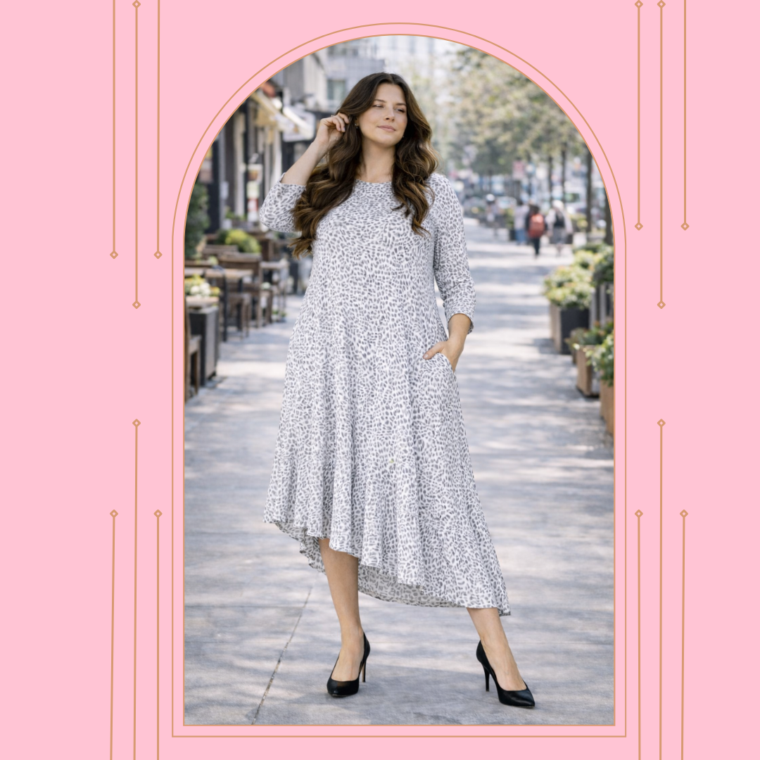 "Gracie" T-Shirt, Gray Leopard Plus  "T-shirt) Dress: 1X-2X FINAL SALE! Cannot Be Returned!