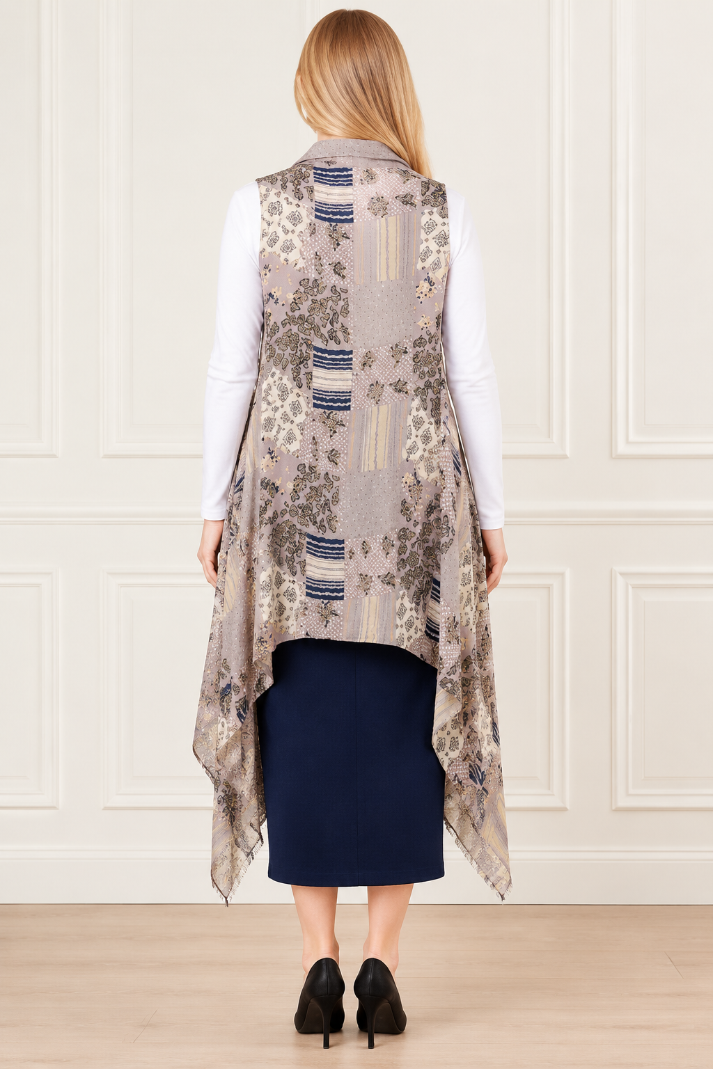 NEW! Taupe/Gray Mixed Print Long Vest (One Size Fits Most Up to 1X)