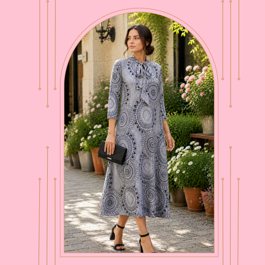NEW! "Gretchen" Gray Print Aline Dress: S-3X