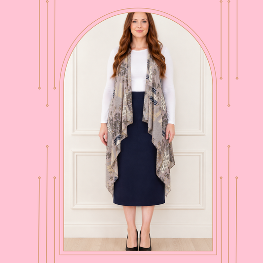 NEW! Taupe/Gray Mixed Print Long Vest (One Size Fits Most Up to 1X)