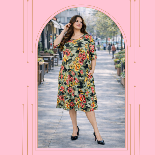 Green Camo/Roses Dress: 1X-2X: FINAL SALE! Cannot Be Returned!