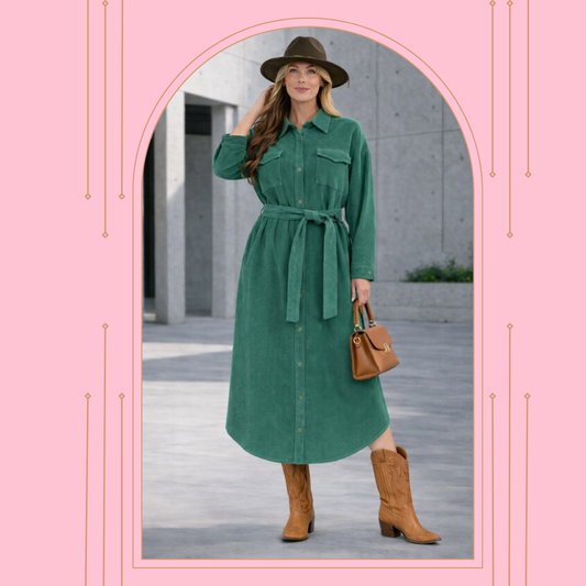 "Georgia"  "OVERSIZED" Green Corduroy Shirt Dress/Jacket. Small-fits up to size 18 FINAL SALE! Cannot Be Returned!